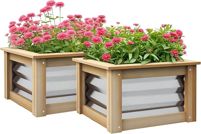 Outsunny Raised Garden Bed Set of 2 Stock Tanks for Growing Flowers Galvanized Metal Reinforced with Wood Planters for Outdoor Plants Herbs and Vegetables
