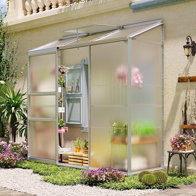 6x2ft Lean-to Polycarbonate Greenhouse Small Walk-in Greenhouse with Adjustable Roof Vent Rain Gutter and Sliding Door Outdoor Green House for Terrace Backyard Sliver