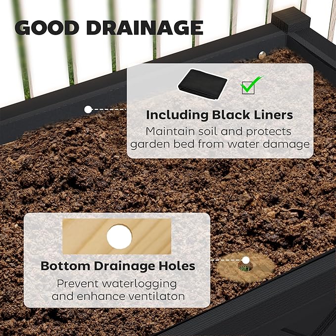 Elevated Wood Planter Box with Storage Shelf &amp Liner Raised Garden Bed with Drainage Holes Complete Gardening Solution for Patio Deck &amp Backyard (Black)