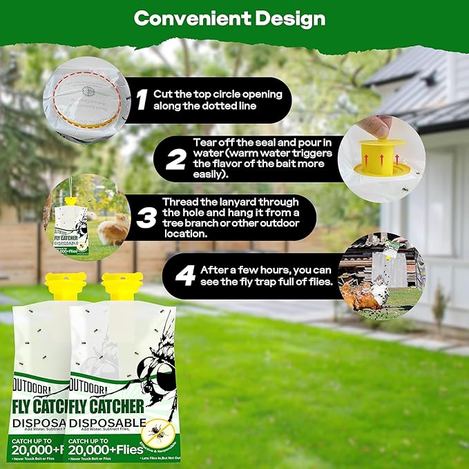 9 Pack Fly Traps Outdoor Disposable Hanging Fly Traps with Natural Pre-Bait Non Toxic Fly Catcher Fly Repellent for Home Backyard Patio &amp Camping Pool Barn Stable Ranche Farm