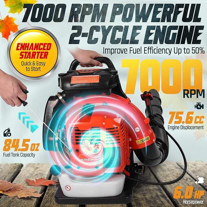 75.6cc 2-Cycle Backpack Leaf Blower Gas Powered 912CFM 206MPH 6.0HP Gas Leaf Blower w/2-Stage Air Filter Cruise Control Commercial Gasoline Blower for Lawn Care Yard Cleaning (Orange)