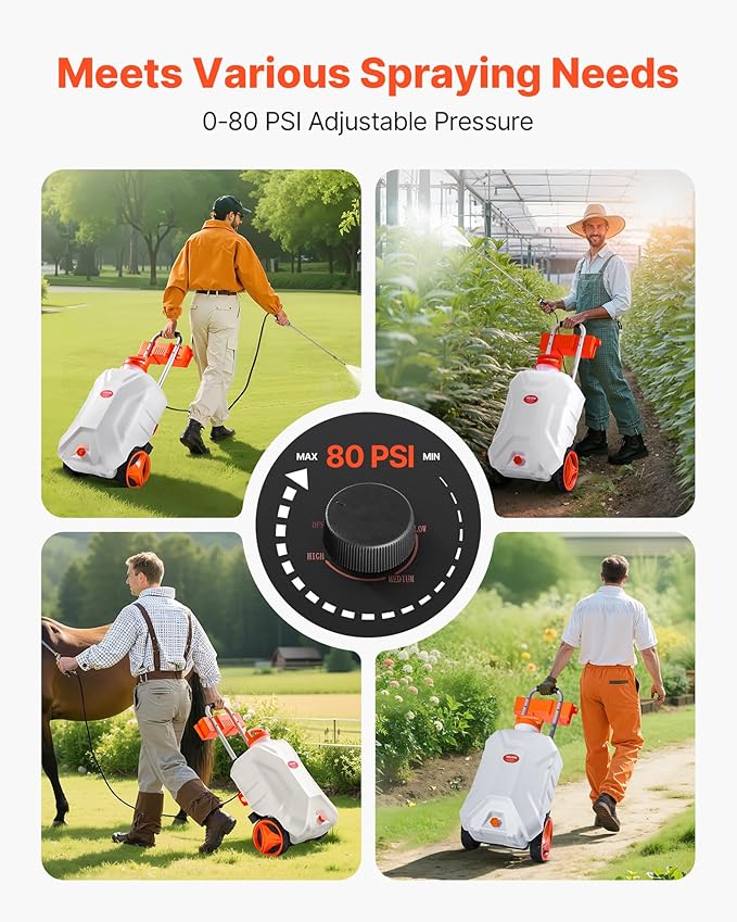 VEVOR Battery-Powered Sprayer with Wheeled Cart 10 Gallons Electric Weed Sprayer Adjustable 0-80 PSI Yard Lawn Sprayers with Wheels 5 Nozzles &amp 98ft Hose 3-6H Spray Time for Weeding Cleanin