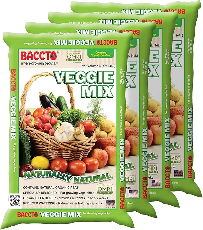 Michigan Peat Company 4 Pack BACCTO Veggie Mix with Peat Moss Indoor Outdoor Organic Nutrients for Planting &amp Growing Vegetables 40 Quart Bag