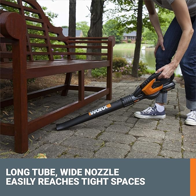 WORX Cordless Leaf Blower Electric Blowers for Lawn Care with 120 MPH &amp 3.5 LBS Long Nozzle Design for Narrow Spaces with Cleaning Attachments Battery &amp Charger Included WG545.1