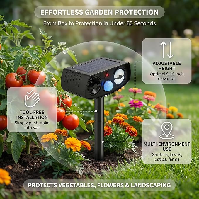 Solar Ultrasonic Animal Repeller Outdoor Motion Sensor Waterproof Pest Deterrent Raccoon Skunk Fox Squirrel Rabbit Dog Cat Deer Repellent for Yard Garden Farm 33ft 120° Coverage 2 Pack Black