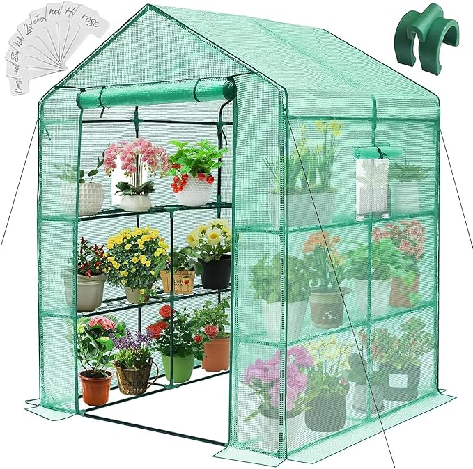 Greengro Greenhouse 57 x 57 x 76'' Greenhouses for Outdoors Durable Green House Kit with Window Thicken PE Cover 3 Tiers 8 Shelves Heavy Duty Walk in Green Houses for Indoor Backyard Outside