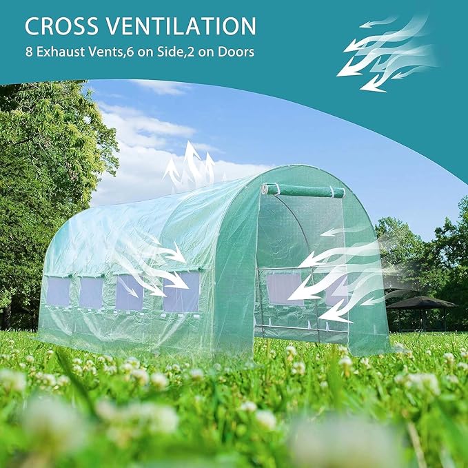 Replacement Cover for Portable Greenhouse Large Walk-in Green Hot Garden House Top Tarp 2 Zippered Doors 8 Roll-up Windows (Frame Does NOT Included) (20 x 10 x 7 ft)