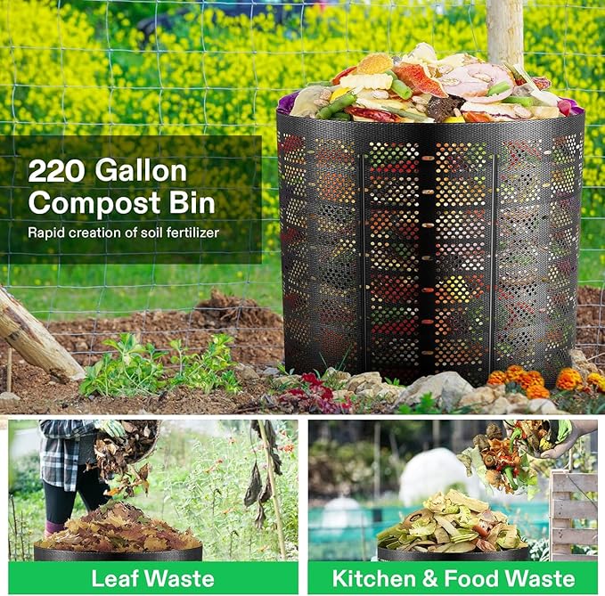 VIVOSUN 220 Gallon Outdoor Compost Bin Expandable Composter Easy to Setup &amp Large Capacity for Backyard Lawn (Black with Gloves)