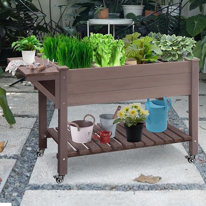 GUTINNEEN Elevated Wooden Planter Box with Locking Casters - 52.7 L x 22 W x 30 H Raised Garden Bed Removable Liner &amp 230lb Weight Capacity for Outdoor Plants