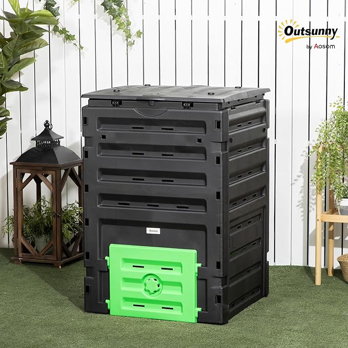 Outsunny Garden Compost Bin 120 Gallon (450L) Garden Composter BPA Free with 80 Vents and 2 Sliding Doors Lightweight &amp Sturdy Fast Creation of Fertile Soil Black