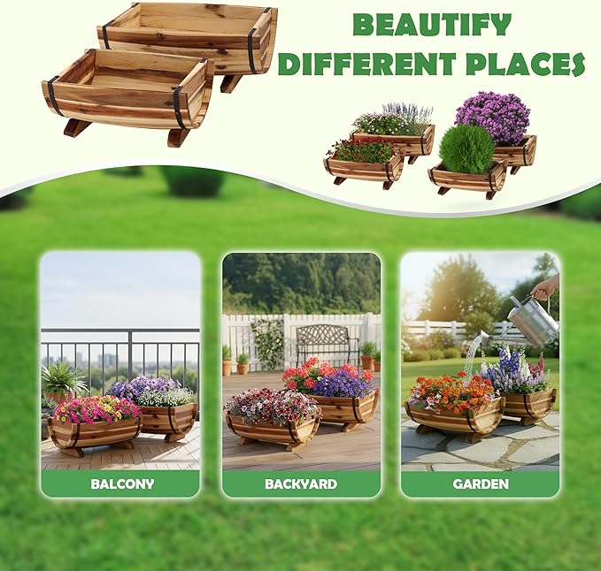 Solid Acacia Wood Half Barrel Planters Outdoor Set of 2 Different Sizes Wooden Planters for Outdoor Plants with Metal Bands &amp Drainage Holes Legs Included Natural