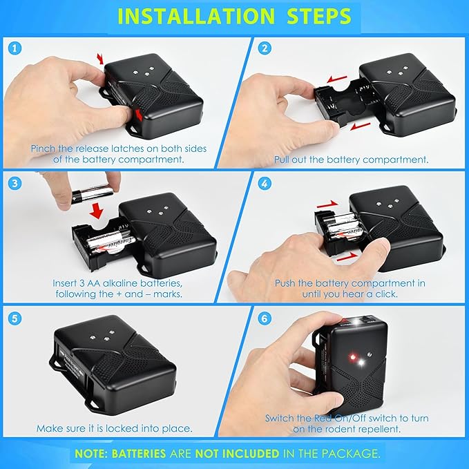 Ultrasonic Rodent Repellent for Car Engine – Battery Powered Under Hood Mouse Repeller with Flashing Strobe Light Keeps Rats and Mice Away from Vehicle Automobile Truck Garage Attic Barn Shed