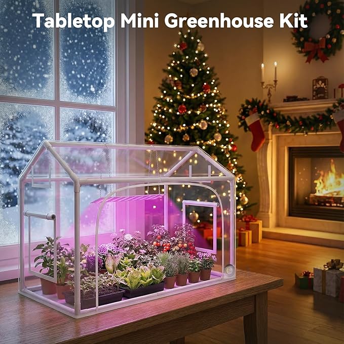 Mini Greenhouse with Grow Light &amp Timer &amp Hygrothermograph 30x16x20 Indoor/Outdoor Tabletop Greenhouse with 96 LEDs Dimmable Full-Spectrum Lights (3 Colors) for HouseplantsSeedlings Out