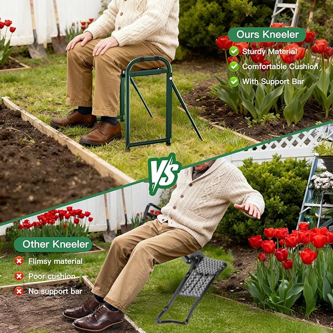 Heavy Duty Garden Kneeler &amp Seat with Support Legs 400lbs Capacity Foldable Gardening Stool Extra Thick Pad &amp Large Tool Organizer Bag Ergonomic for Seniors - Dark Green