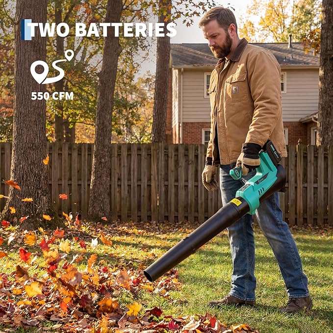 Cordless Leaf Blower - 550 CFM / 130 MPH Ideal for Wet Leaves Heavy-Duty Leaf &amp Outdoor Spaces with 2 * 2.0 Batteries &amp Charger