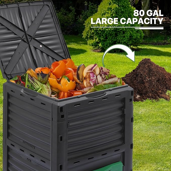 MoNiBloom 80 Gallon Large Compost Bin BPA Free Outdoor Composting Tumblers for Garden Patio All-Season Fast Working Rotating Chamber Composters for Garden Patio w/Sliding Door