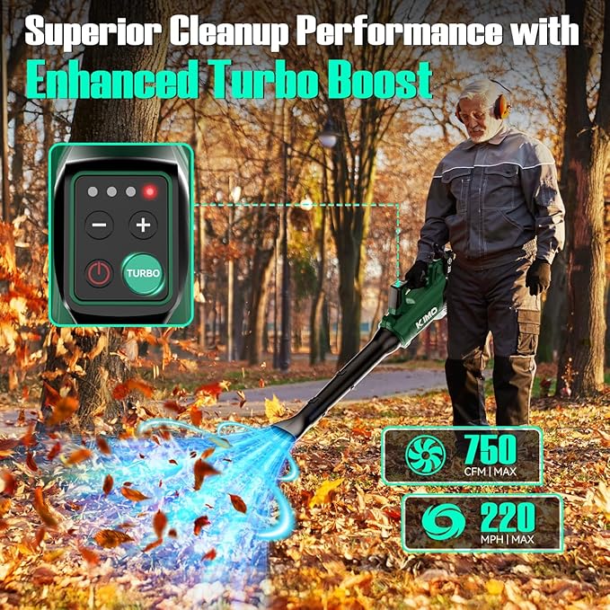 KIMO Cordless Leaf Blower with Battery and Charger 750CFM 220MPH 4 Speeds w/Turbo Mode Brushless Motor 3 Extended Tube 2x4.0Ah Battery Powered Leaf Blowers for Lawn Care Patio Cleaning Wet Leaves