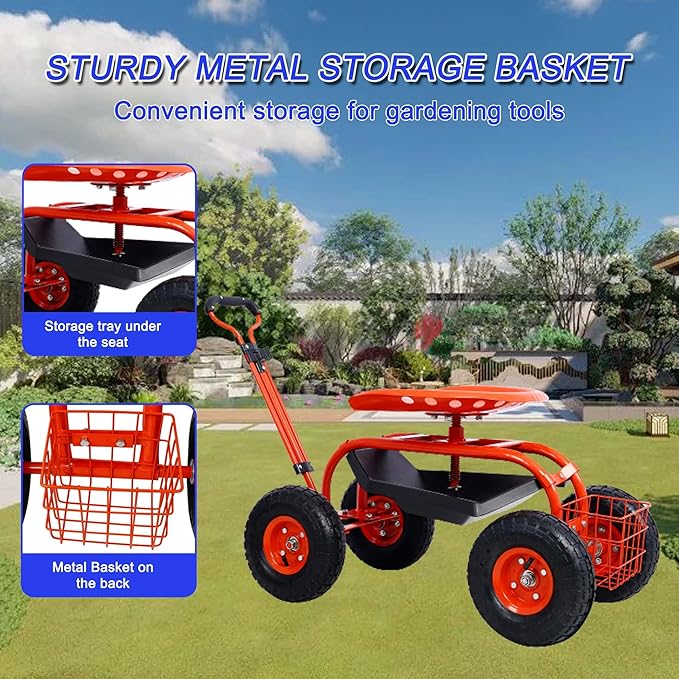 3-in-1 Garden Cart with Seat - Rolling Stool Adjustable Height Storage Tray &amp Utility Basket (Red)