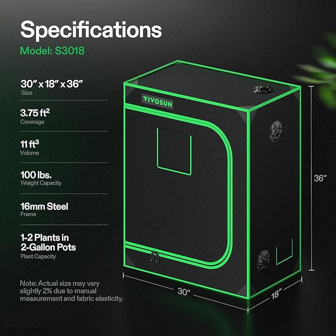 VIVOSUN S3018 30x18x36 Grow Tent High Reflective Mylar with Observation Window and Floor Tray 3D Printer Enclosure with Ventilation
