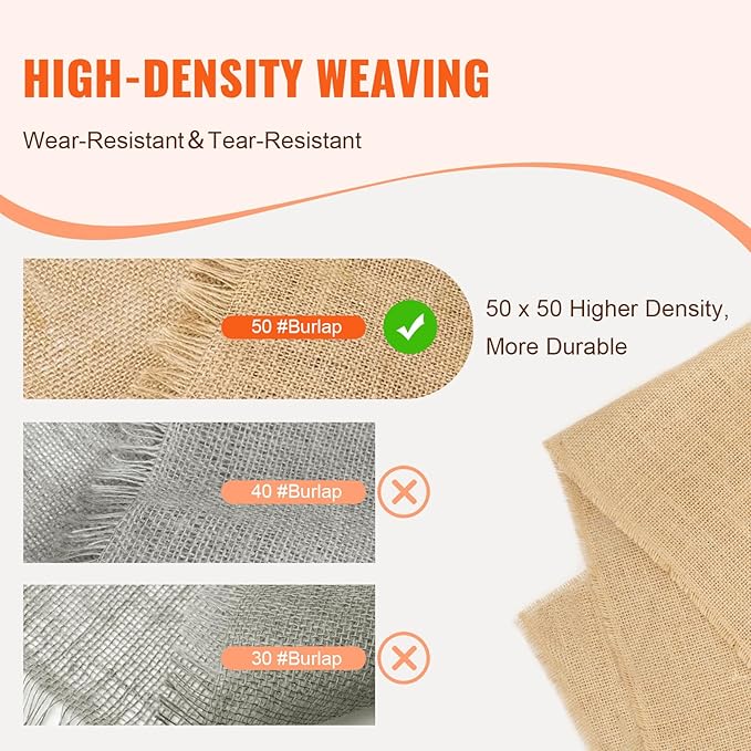 VEVOR Burlap Fabric Roll 36” x 150 ft &amp 45 x 45 High Density Wide Natural Burlap Fabric Rolls Jute Fabric Burlap Tree Wrap Roll for Decor Crafts Wedding Gardening Plant &amp Tree Winter Co