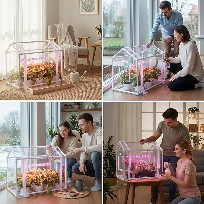 Meonum Mini Greenhouse for Indoor Outdoor Portable Green House with 15W Plant Dimmable LED Grow Lights Timer 3 Light Color Mode for Indoor Outdoor Seed Starter Tray(23.6x15.7x19.6)