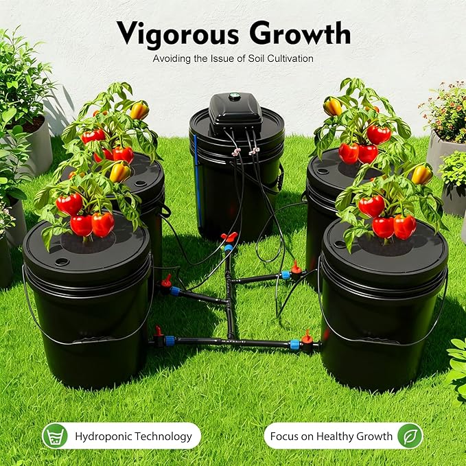 DWC Hydroponics Growing System Kit 5 Gallon 4 Buckets Recirculating Deep Water Culture and Top Drip Hydroponic System with Air Pump Air Stone for Indoor Outdoor Leafy Vegetables