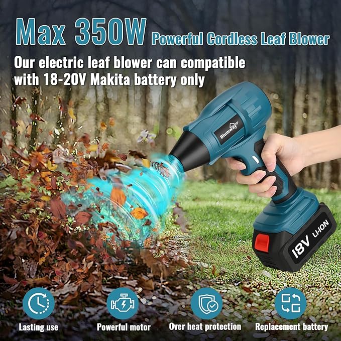 Blumway Cordless Leaf Blower for Makita 96000RPM 18-20V Electric Leaf Blowers with 5 Extended Nozzles Portable Leaf Blower Handheld Leaf Blowers for Lawn Care Yard Dust Leaves (No Battery)