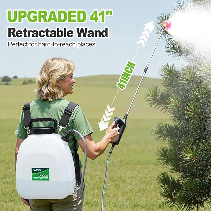 VAXMAY Battery Powered Sprayer 3.2 Gallon Backpack Sprayer with 3 Adjustable Forces Battery Indicator 5 Mist Nozzles 41 Retractable Wand USB Rechargeable Garden Sprayer for Weed Lawn Yard