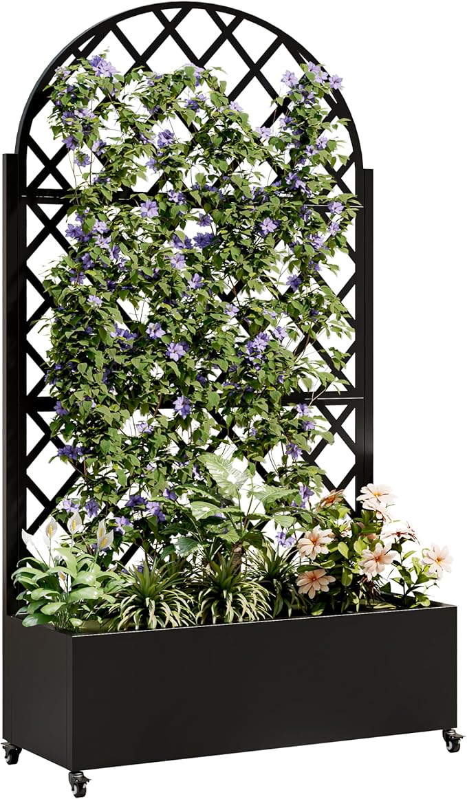 Raised Garden Bed with Trellis Metal Planter Box with Privacy Screen and Drainage Holes Planter Boxes Outdoor with 4 Wheels for Climbing Plants Vegetables Vines (Round)