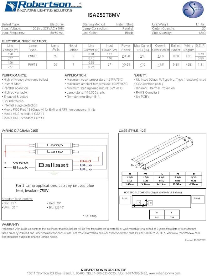 Robertson 1P20124 OEM-Pak of 10 Fluorescent eBallast for 1/2 F96T8 Linear Lamps Instant Start 120-277Vac 50-60Hz Normal Ballast Factor HPF Model ISA259T8MV /A