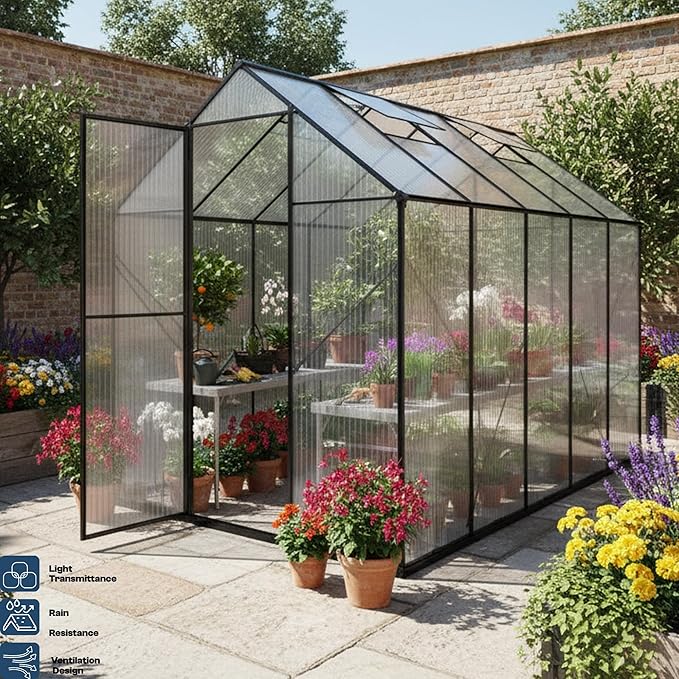 Kingdura 6x4ft Walk-in Greenhouse for Outdoors Large Polycarbonate Greenhouses with Heavy Duty Aluminum Frame Adjustable Roof Vent Lockable Door UV Protection for Outside Garden Backyard