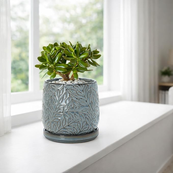 D'vine Dev 5 Inch Embossed Leaves Stoneware Planter Pot with Drainage Hole and Saucer Graphite Blue 27-A-V-9