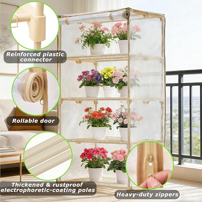 Mini Greenhouse for Indoor Outdoor Small Plastic Plant Green House 4-Tier Rack Stand Portable Greenhouses with Durable PE Cover for Seedling 2.5x1.6x5.2 FT