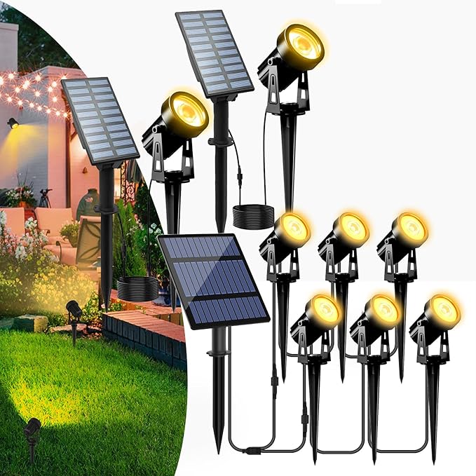 T-SUNUS Solar Spot Lights for Outdoor Warm White 3000K Landscape Spotlight IP65 Waterproof Separated Panel Uplights with 9.8ft Cable Auto On/Off for Tree Yard Lawn House Driveway Pathway Pool