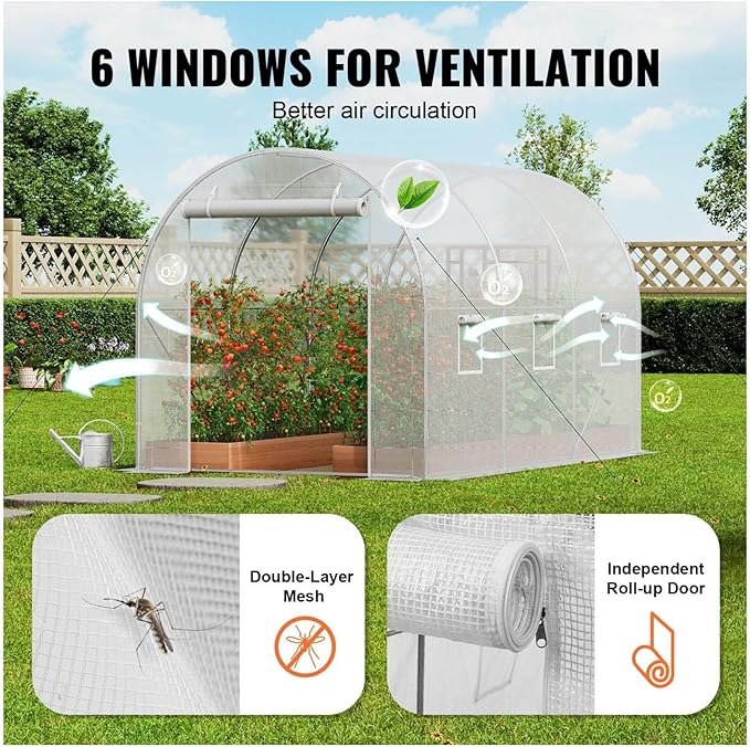 Walk-in Greenhouse 9.58x6.43x6.23ft Galvanized Steel Frame PE Cover White Hoop House for Plants Garden Tunnel Greenhouse with Windows