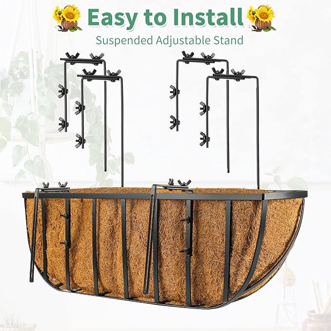 Tessco for you 3 Pieces Railing Planter Boxes 24 Inches Window Box Planters with Coco Liner and Adjustable Brackets for Deck Porch Fence Patio Balcony Gardening Outdoor Plants