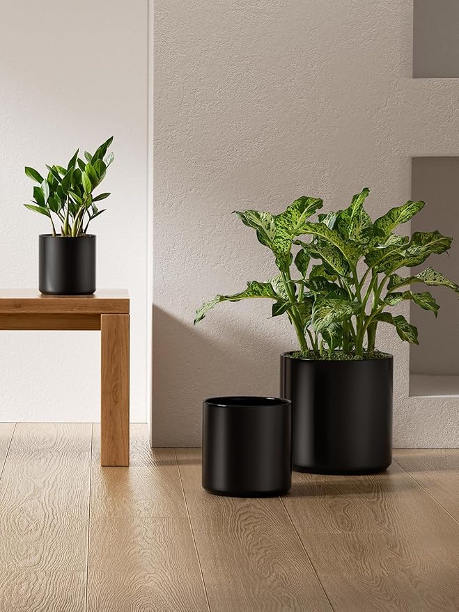 LE TAUCI Ceramic Pots for Plants 10/8/6 Inch Indoor Planters with Draiange Hole Silicone Plug &amp Mesh Pad Modern Minimalist Pots for Home Office Set of 3 Satin Black