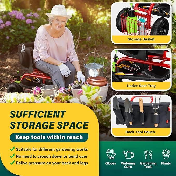 Garden Seat with Wheels Rolling Garden Stool with Adjustable 360°Swivel Seat Storage Basket &amp Extendable Handle Outdoor Gardening Scooter Garden Cart Workseat Stools for Seniors