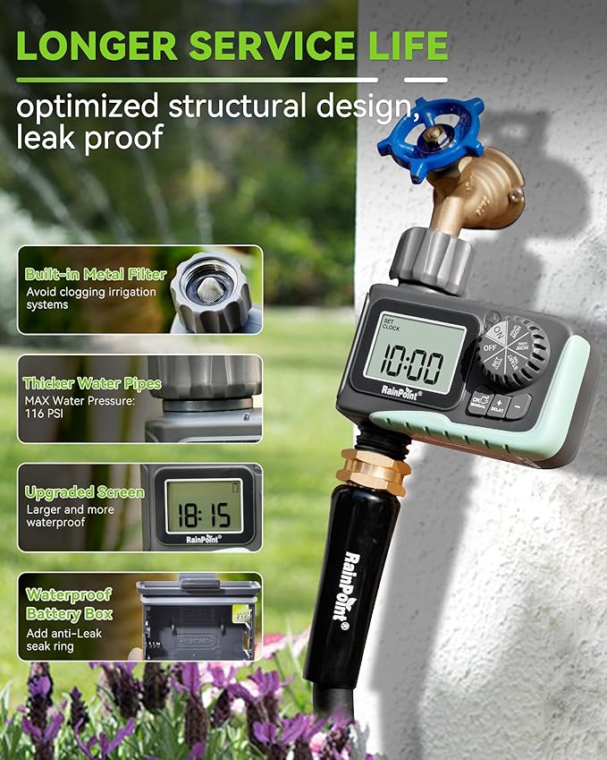 RAINPOINT Sprinkler Timer Programmable Water Timer for Garden Hose Outdoor Soaker Hose Timed with Rain Delay/Manual/Automatic Watering System Digital Irrigation for Yard Lawn 1 Outlet