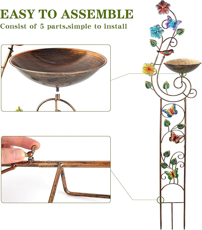 57” Bird Bath with Garden Trellis for Climbing Plants Outdoor Small Decorative Trellises Metal Birdbath Bird Baths 1 Piece (Butterfly)