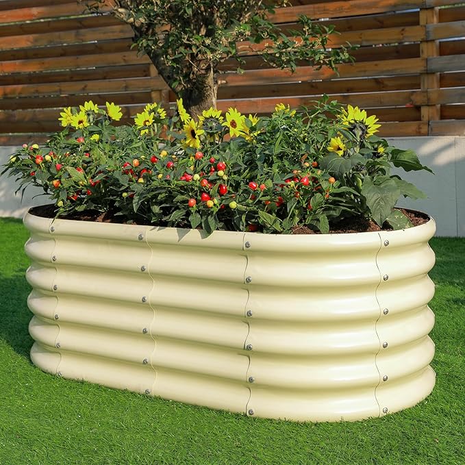 Land Guard 18“ Tall Outdoor Metal Raised Garden Bed Oval Deep Root Planter Box for Vegetables Flowers Herbs 89 Gallon Capacity - Cream Yellow
