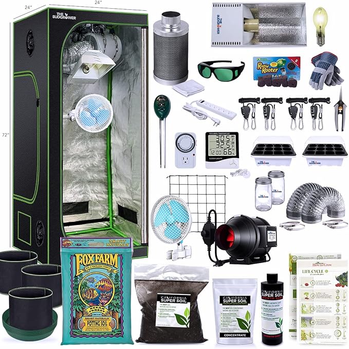 Complete Solution - 150W HPS Grow Light - 24x24x72 Hydroponic 1680D Canvas Tent Mylar Interior - Nutrient Enriched Cali Super Soil - All-in-One Indoor Grow Kit - Premium Ventilation