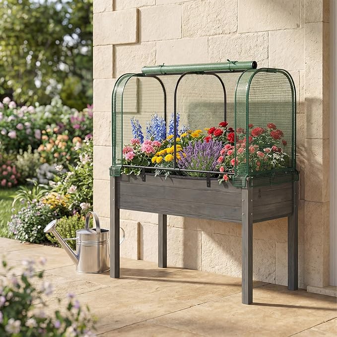 Giantex Raised Garden Bed with Cover Wood Elevated Planter Box with Legs &amp Mini Greenhouse Waterproof Sun-Protective PE Green House Cover Outdoor Use for Fruit Vegetable Flower Herb (Green+Gray