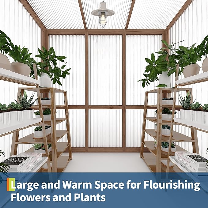 4x6FT Wooden Greenhouse with Cedar Frame Outdoor Wood Greenhouses with Roof Vent Wood and Polycarbonate Walk-in Greenhouse