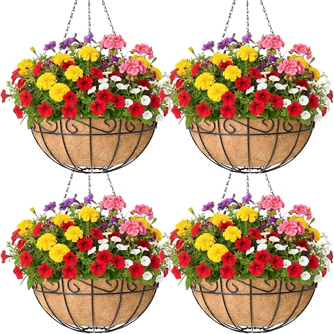 4 Pack 14 Inch Hanging Baskets for Plants Outdoor Metal Hanging Planter Basket with Coco Coir Liner Hanging Flower Pots Holder for Garden Patio(Flower)