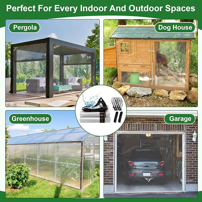 Windyun 2 Pack Heavy Duty Clear Tarps with Reinforced Edge Plastic Tarp Waterproof Plastic Cover Greenhouse Patio with Elastic Rope and Nylon Rope for Garden Furniture (13 x 16 ft)