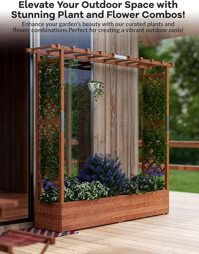 Large Raised Wooden Planter with Arch &amp Side Trellis – Freestanding Garden Bed for Climbing Plants Vines &amp Flowers – Hanging Roof 4 Drainage Holes – Outdoor Patio Planter – Size: