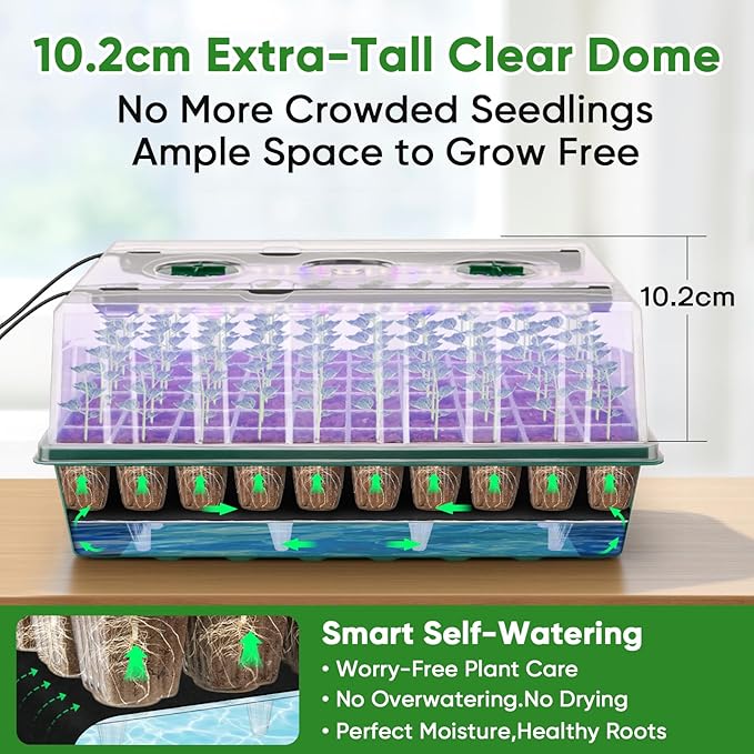 BlumWay 120-Cell Self-Watering Seed Starter Tray with Grow Light 1-24H Timer Seed Starter Kit with 4.02 Humidity Dome Seedling Tray for Indoor Plant Starter Plant Germination Trays-Green