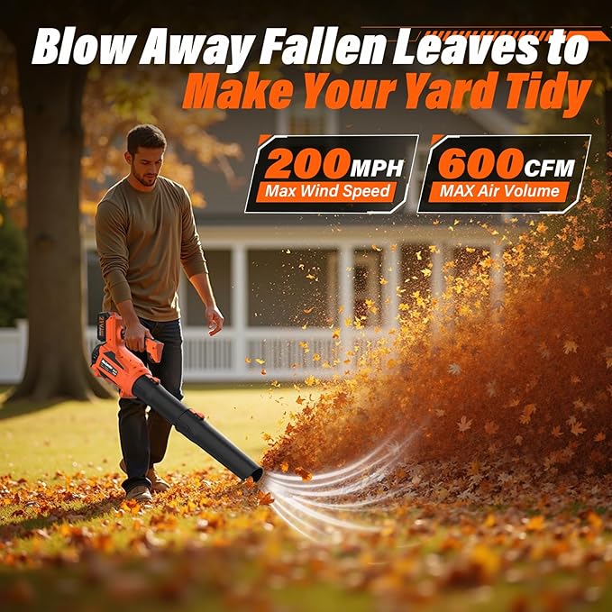 MAXLANDER Leaf Blower Cordless Electric Cordless Leaf Blower with 2pcs 3.0Ah Batteries and 1 Charger 600CFM &amp 200MPH and 5 Speed Mode for Patio Cleaning Lawn Care Blowing Fallen Leaves and D