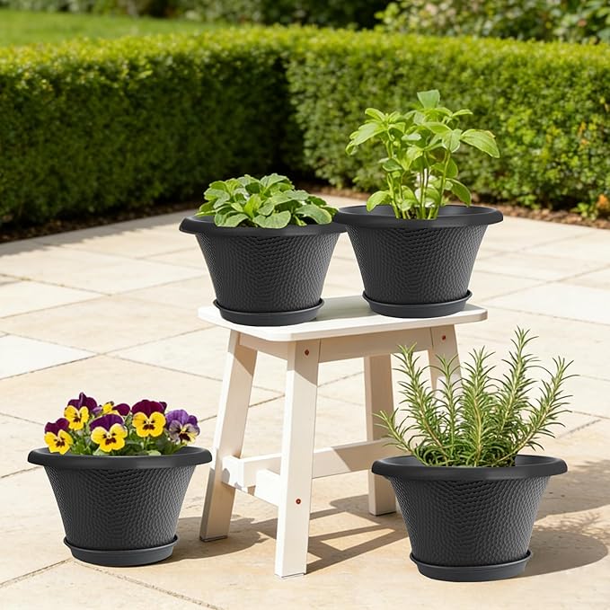 Quarut 12 Inch Pots for Plants4 Pack Large Flower Pots with Drainage Hole &amp SaucerModern Planters for Indoor Outdoor PlantsDecorative Resin Garden Pots Black